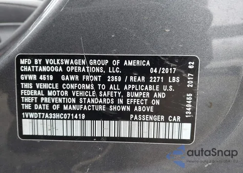 2017 Volkswagen Passat 1.8T R-Line from USA, damaged, VIN 1VWDT7A33HC071419